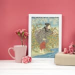 Infidu vintage wall art featuring a Japanese woman in a kimono with intricate details, set against a scenic background of blue sky, flowers, and water. displayed on the wall art in a white frame