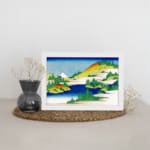 Infidu vintage wall art featuring a serene mountain lake with towering peaks, calm reflective waters, and surrounding trees. displayed on the wall art in a white frame