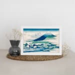 Vintage wall art of Mount Fuji with white cranes and flying birds in a peaceful nature scene. displayed on the wall