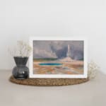 Vintage art of hot spring and erupting geyser with cloudy sky. displayed on the wall