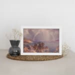 Vintage wall art of a calm lake with a rainbow, mountains, and soft sunlight. displayed on the wall