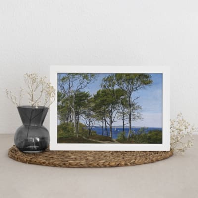 Infidu Vintage Wall Art with tranquil seaside trees and bright blue sky, offering a peaceful and calming nature scene. the wall art kept on the mat