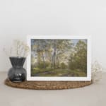 Infidu vintage wall art showing a peaceful forest path in soft green tones with trees, a dirt trail, and a blue sky. displayed on the wall