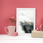 Vintage wall art of colorful dragon and snowy mountain in soft tones. displayed on the wall