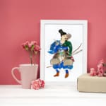 Vintage wall art of a Japanese warrior in colorful armor holding a bow with arrows, set against a white background with a black border. displayed on the wall