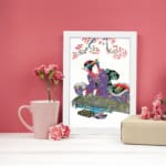 Vintage wall art of a Japanese woman in a purple kimono beneath cherry blossoms. displayed on the wall