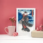 Japanese woman in black kimono with red accents, bold blue sky and red vertical banner in vintage art style. displayed on the wall