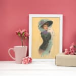Vintage wall art of an elegant 20th-century lady in a blue hat and dark dress with a white stole on a beige background. displayed on the wall