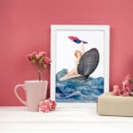 Vintage wall art of a woman riding a seashell over bold ocean waves with red and blue cloth, in a dramatic and whimsical seaside scene. displayed on the wall