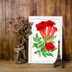 Infidu vintage wall art featuring red trumpet flowers with green leaves on a white background. displayed on the wall
