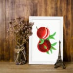Vintage wall art featuring ripe red peaches with green leaves and a clean white background. displayed on the wall