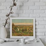 Vintage countryside wall art with soft colors, green hills, and a peaceful sky. displayed on the wall