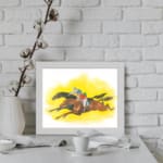 Vintage horse racing wall art with two galloping horses and jockeys on a bold yellow background. displayed on the wall