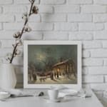 Vintage wall art of a snowy winter night with a horse-drawn sleigh, glowing lights, and people walking in front of a lit church. displayed on the wall