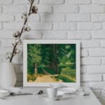 Vintage wall art of a forest path with tall green trees and earthy tones by Infidu. displayed on the wall
