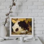 Vintage wall art of mother bear and cubs walking through snowy forest in warm earthy tones. displayed on the wall
