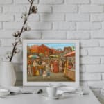 Lively vintage market scene with colorful umbrellas, people, and warm earthy tones in a nostalgic old-town setting. displayed on the wall