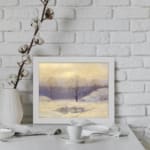 Serene winter landscape with snowy trees and soft sky in vintage art style. displayed on the wall