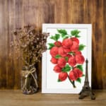 Vintage botanical wall art of red gooseberries and green leaves on a white background. displayed on the wall