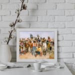 Vintage wall art of cowboys and Native Americans in a desert scene with warm earthy colors and a painterly style. displayed on the wall