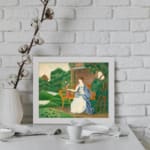 Vintage wall art of a woman in a white dress with flowers, set in a peaceful countryside scene with trees and a distant structure. displayed on the wall