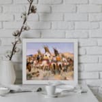 Vintage wall art of Native American tipi scene with horses, people, and earthy tones in a peaceful open landscape. displayed on the wall