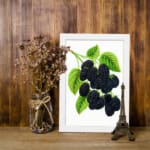 Infidu Vintage Dark Mulberries botanical wall art showing detailed purple-black mulberries with green leaves on a white background. displayed on the wall