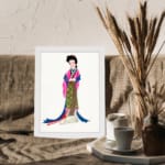 Vintage art of a graceful woman in colorful traditional clothing with flowing ribbons. displayed on the wall