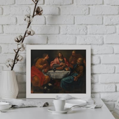Vintage wall art of a religious gathering with vibrant colors in Renaissance style, featuring people in red, blue, and orange clothing. displayed on the wall in a white frame