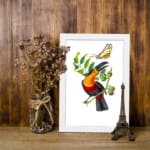 Colorful bird on a leafy branch with a yellow butterfly – vintage wall art with a vibrant nature scene displayed on the wall