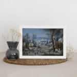 Vintage wall art showing a lively winter village scene with people skating, snowy houses, bare trees, and a soft blue sky. displayed on the wall