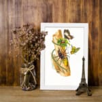 Vintage art featuring a wild nature-inspired scene with a spider, butterflies, and green leaves on a piece of bark, framed in white. displayed on the wall