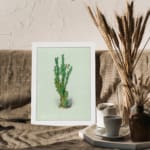 Vintage wall art of a green plant with small leaves, set against a soft light cream background, framed in white. displayed on the wall