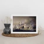 Vintage naval battle wall art showing ships in combat on stormy seas with dramatic smoke and cannon fire. displayed on the wall