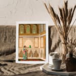 Vintage wall art of a royal Mughal room with a woman in colorful attire holding a vase, detailed with arches, patterns, and classic hues. displayed on the wall