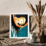 Vintage Japanese shrimp illustration on teal background with orange branch displayed on the wall in a white frame