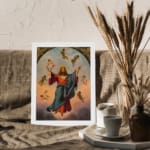 Vintage wall art of Jesus Christ ascending with angels in a soft sky, framed in white with golden accents. displayed on the wall
