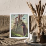 Vintage battleship with American flags sailing through choppy waters, framed in white. displayed on the wall