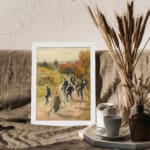 Vintage wall art of people cycling through the countryside with autumn trees and a blue sky, framed in white. displayed on the wall
