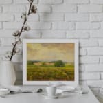 Infidu vintage countryside wall art with rolling hills and open fields in warm, earthy tones. displayed on the wall