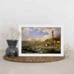 Vintage coastal wall art with waves, a lighthouse, and mountains. displayed on the wall