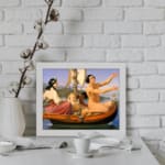 Vintage wall art of an elegant boat scene with people, floral details, and calm water. displayed on the wall