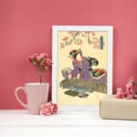 Vintage Japanese woman wall art with cherry blossoms in soft pink, wearing a purple kimono on a beige background. displayed on the wall