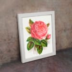 Vintage pink rose in full bloom with green leaves on a white background. displayed on the wall