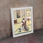 Infidu Asian-style vintage wall art featuring a traditionally dressed couple in a serene indoor setting with intricate details. displayed on the wall in a white frame