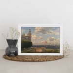 Vintage wall art of a coastal town with sailing ships, historic buildings, and soft blue sky by Infidu. displayed on the wall