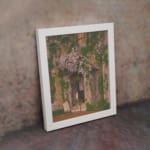 Cozy house with ivy and blooming vines, vintage wall art with soft beige walls, a chair, a table, and purple flowers. displayed on the wall