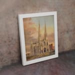Majestic cathedral at sunset with pointed spires and warm-toned sky in vintage wall art design. displayed on the wall