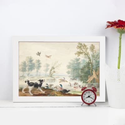 Vintage wall art with birds near water, surrounded by greenery and trees in a tranquil outdoor scene with soft pastel tones. displayed on the wall in a white frame