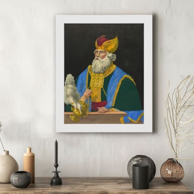 Infidu vintage wall art featuring a regal historical figure in royal robes, holding a scepter against a bold black background. displayed on the wall art in a white frame